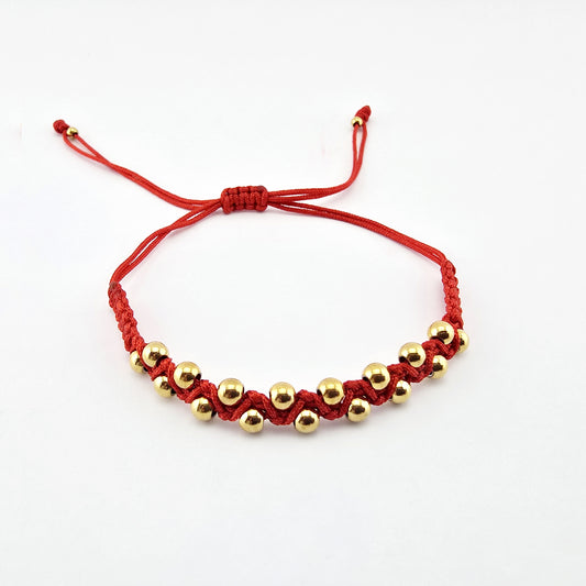 Pulsera Roja Macramé con Bolillas Gold Plated