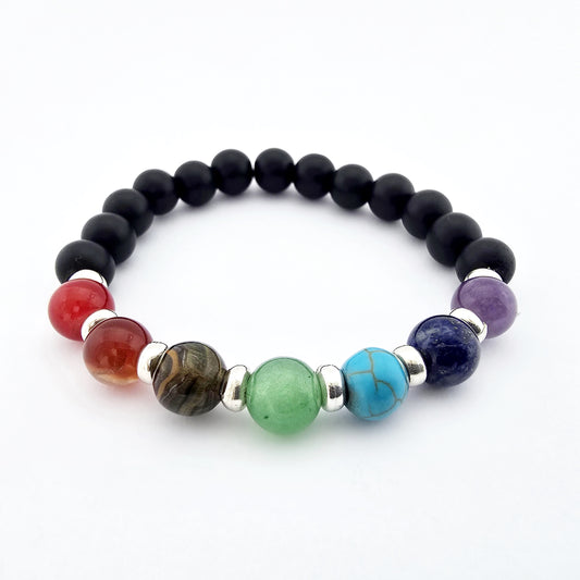 Pulsera 7 Chakras Onix Negro y Plata 950