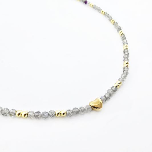 Collar Labradorita Dije Corazón Dorado