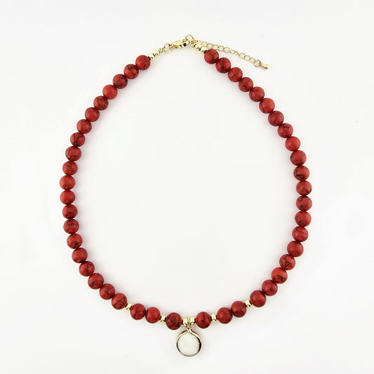 Collar de Turquesa Roja con Dije Chapado en Oro 18K