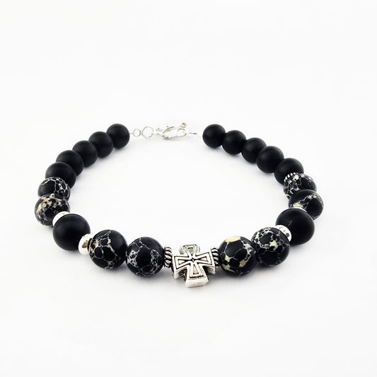 Pulsera Hombre Piedra Negra Cruz Plata