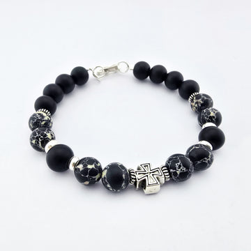 Pulsera Hombre Piedra Negra Cruz Plata